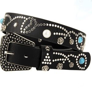 Black Studded Leather Belt with Silver and Turquoise Accents